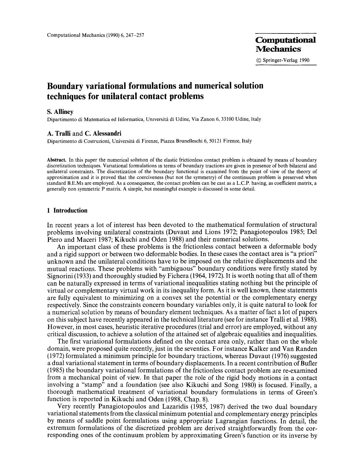 Boundary variational formulations and numerical solution techniques for unilateral contact problems by Unknown