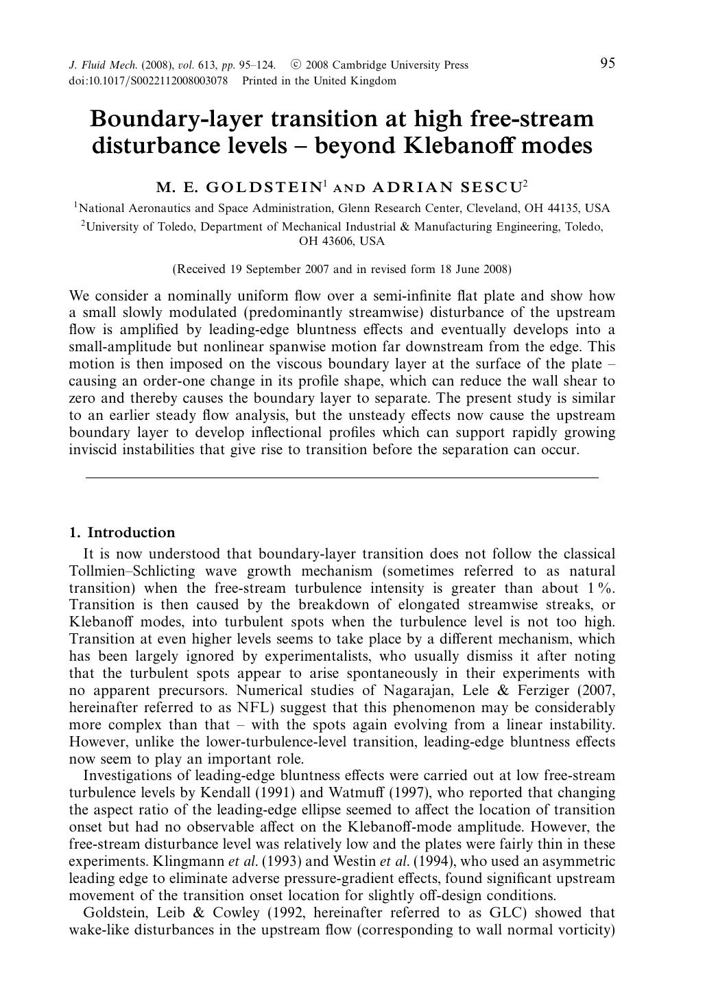 Boundary-layer transition at high free-stream disturbance levels â beyond Klebanoff modes by M. E. GOLDSTEIN ADRIAN SESCU