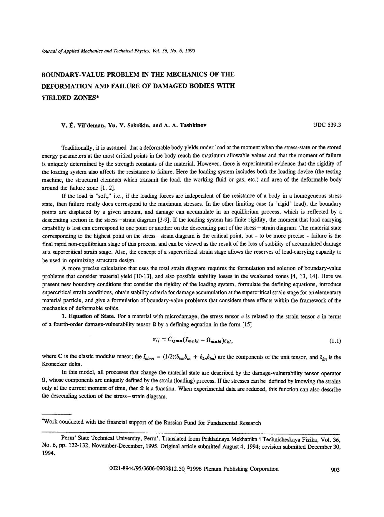 Boundary-value problem in the mechanics of the deformation and failure of damaged bodies with yielded zones by Unknown