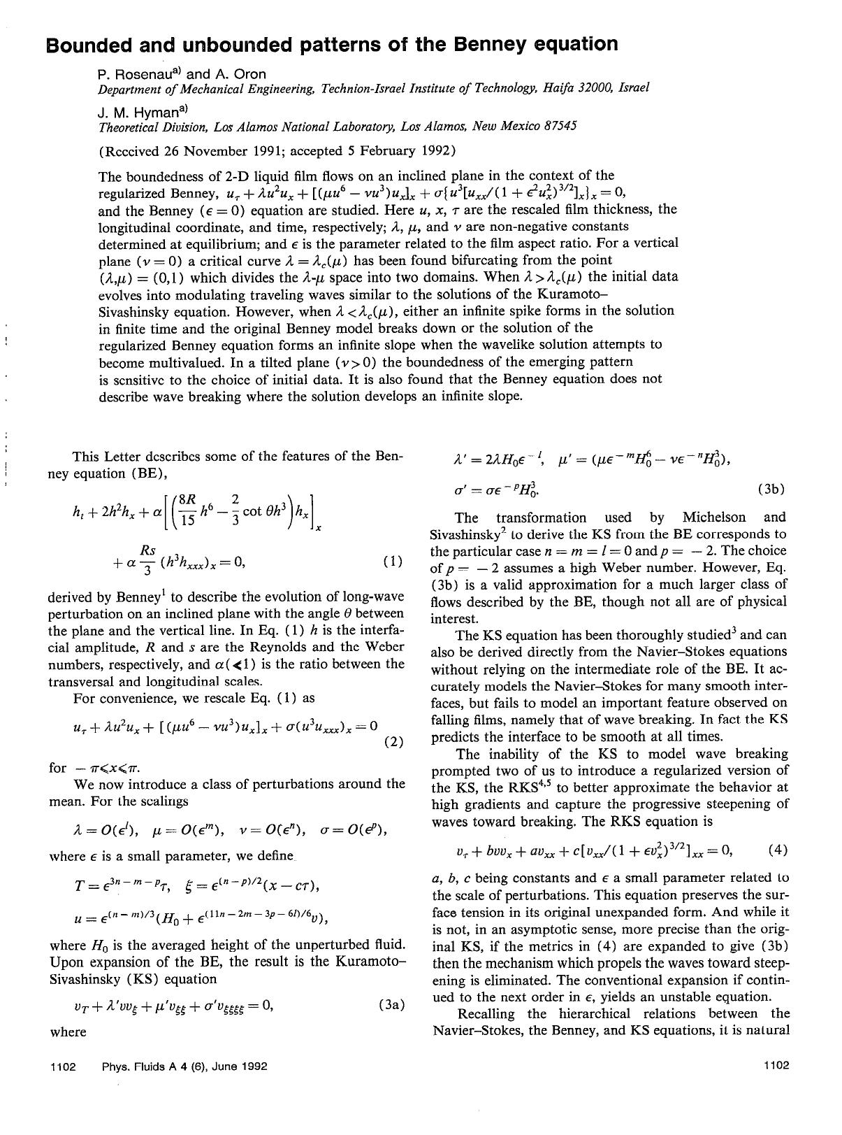 Bounded and unbounded patterns of the Benney equation by P. Rosenau; A. Oron; J. M. Hyman