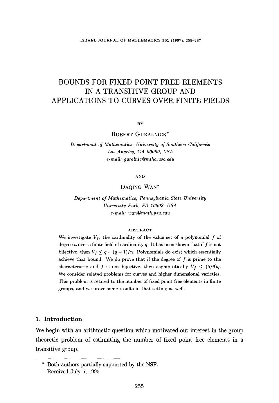 Bounds for fixed point free elements in a transitive group and applications to curves over finite fields by Unknown