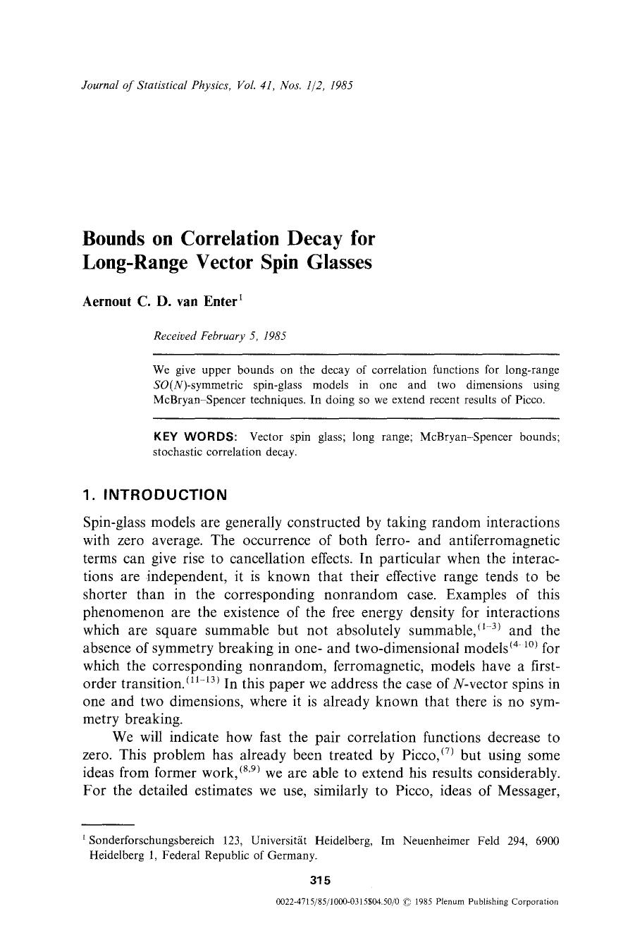 Bounds on correlation decay for long-range vector spin glasses by Unknown