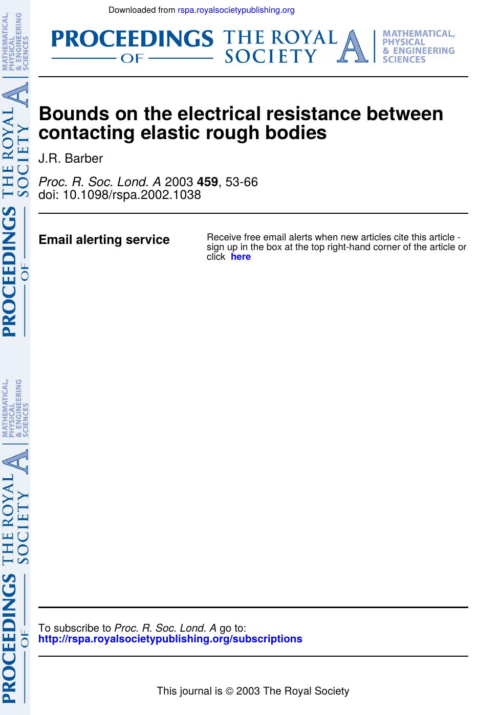 Bounds on the electrical resistance between contacting elastic rough bodies by Unknown