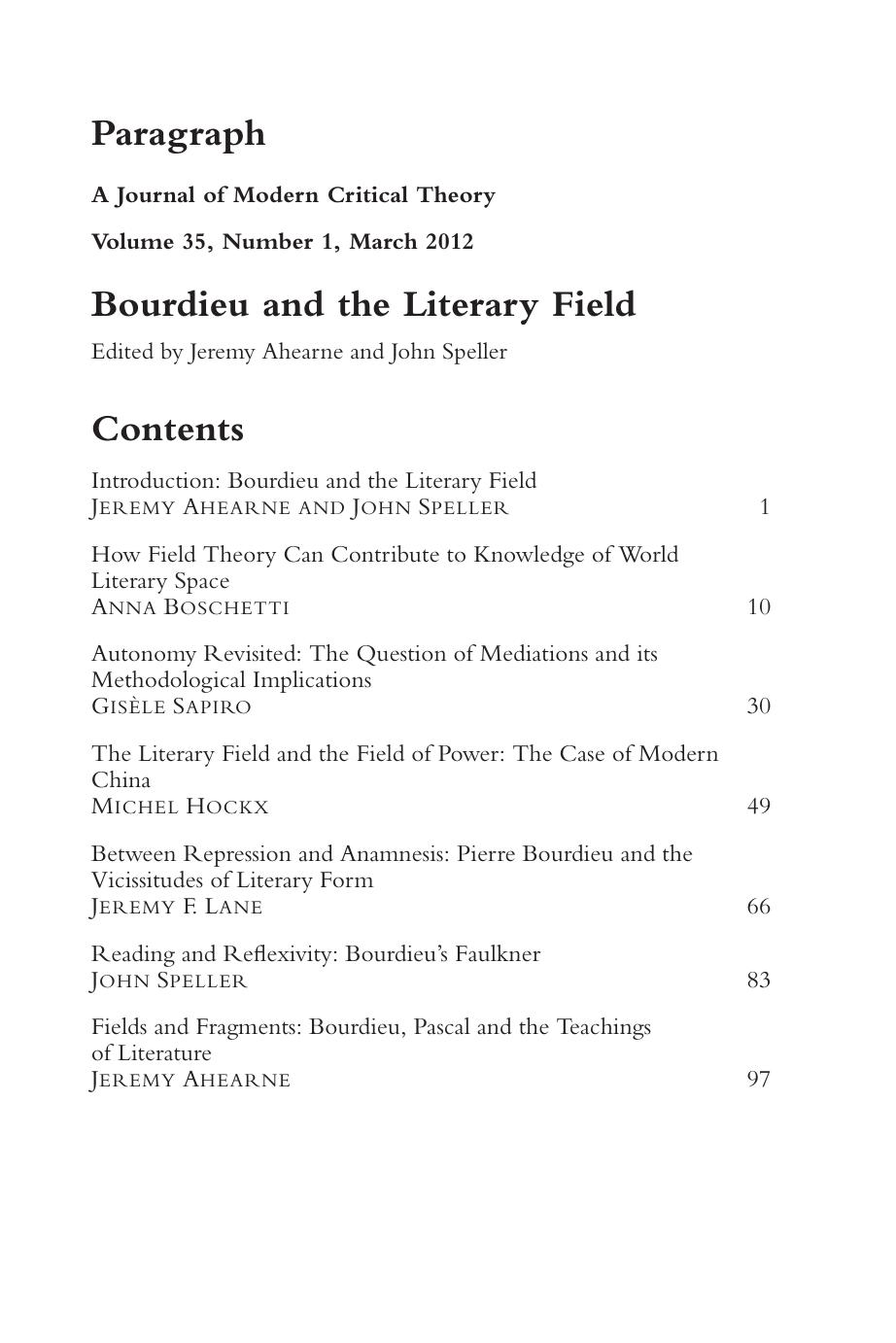Bourdieu and the Literary Field: Paragraph Volume 35, Number 1 by Jeremy Ahearne; John Speller