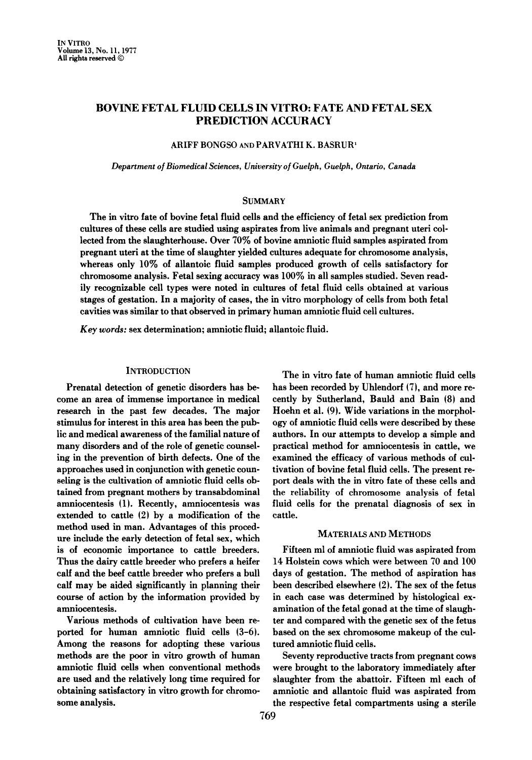 Bovine fetal fluid cells in vitro: Fate and fetal sex prediction accuracy by Unknown