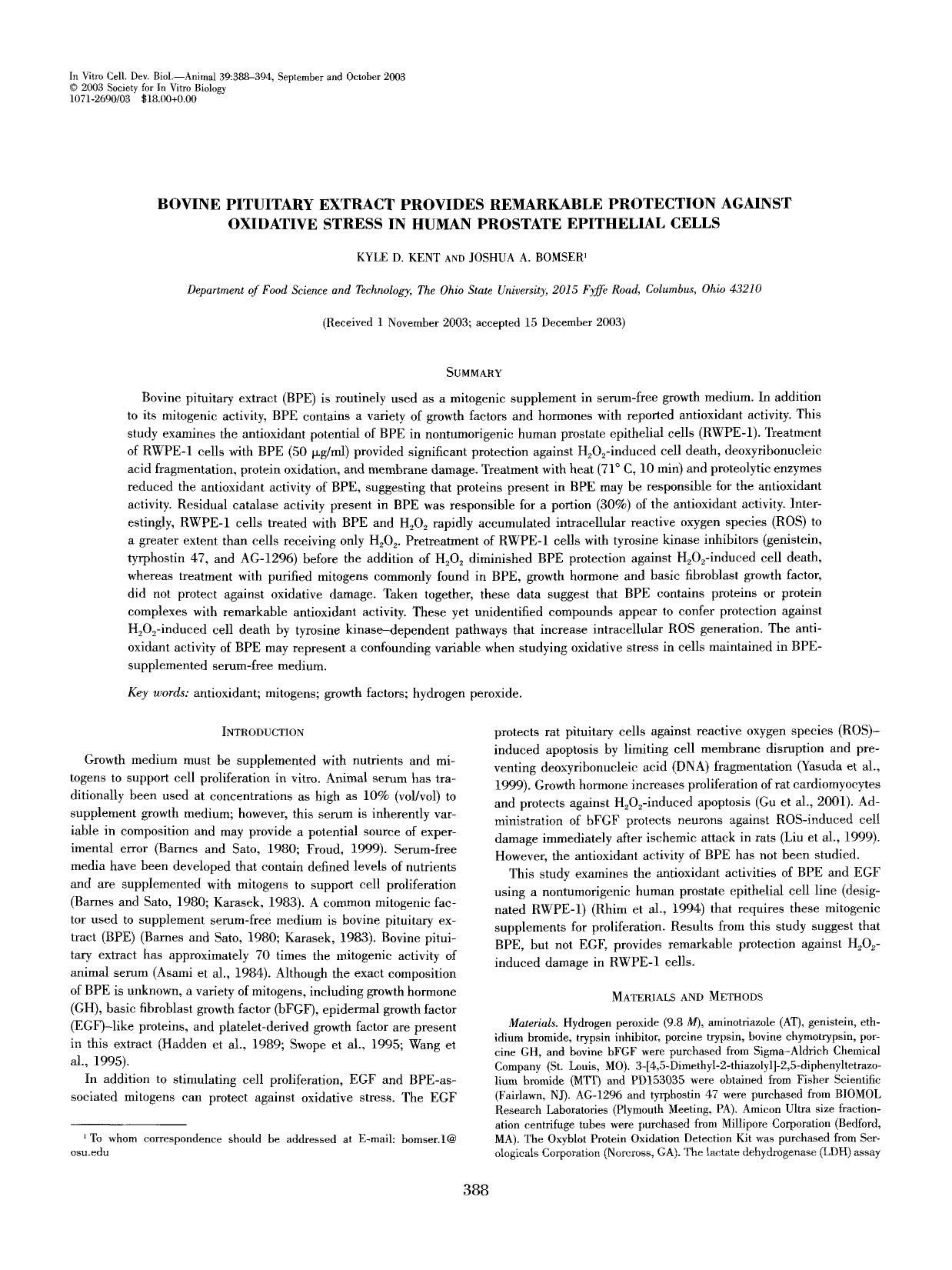 Bovine pituitary extract provides remarkable protection against oxidative stress in human prostate epithelial cells by Unknown