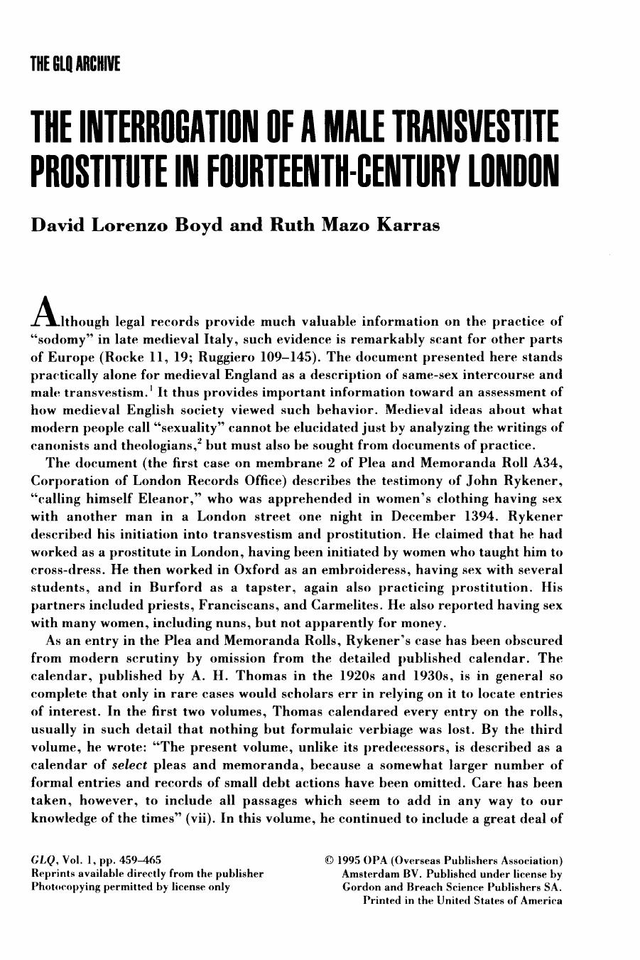 Boyd Karras Interrogation of of a Male Transvestite Prostitute in Fourteenth Century London by Unknown