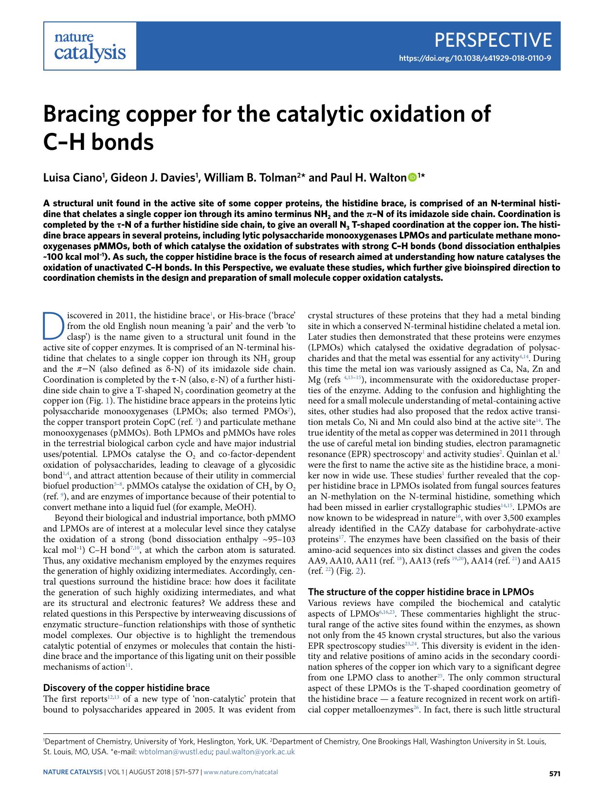 Bracing copper for the catalytic oxidation of CâH bonds by Luisa Ciano & Gideon J. Davies & William B. Tolman & Paul H. Walton
