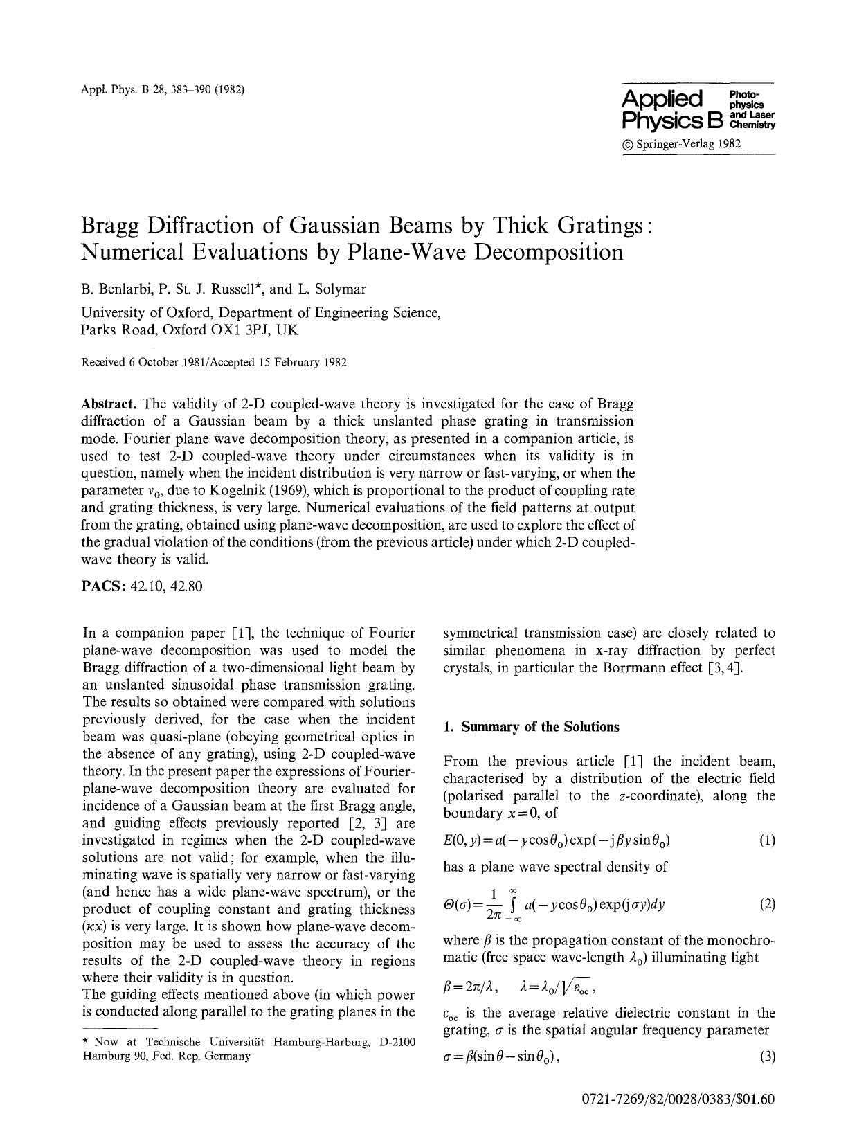Bragg diffraction of gaussian beams by thick gratings: Numerical evaluations by plane-wave decomposition by Unknown