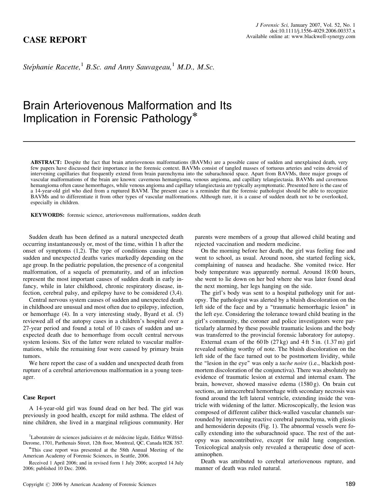 Brain Arteriovenous Malformation and Its Implication in Forensic Pathology* by Unknown