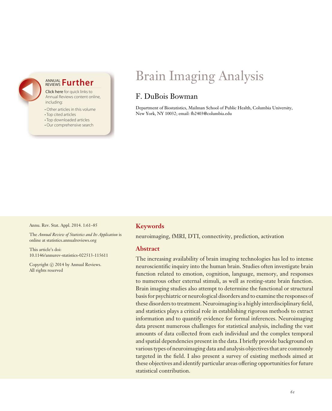 Brain Imaging Analysis by F. DuBois Bowman