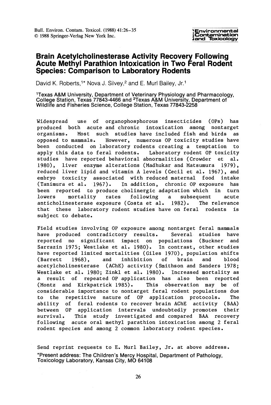 Brain acetylcholinesterase activity recovery following acute methyl parathion intoxication in two feral rodent species: Comparison to laboratory rodents by Unknown