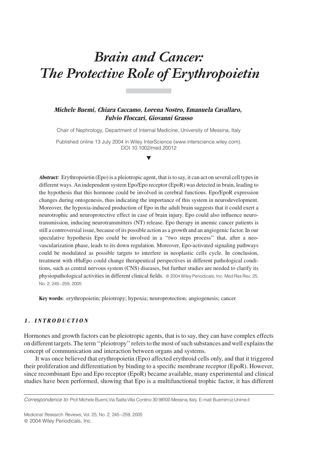 Brain and cancer: The protective role of erythropoietin by Unknown