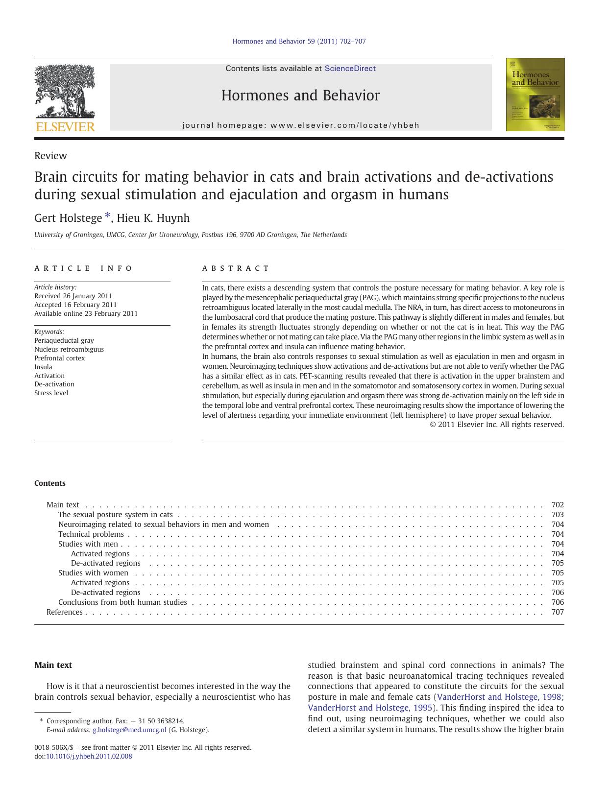 Brain circuits for mating behavior in cats and brain activations and de-activations during sexual stimulation and ejaculation and orgasm in humans by Gert Holstege