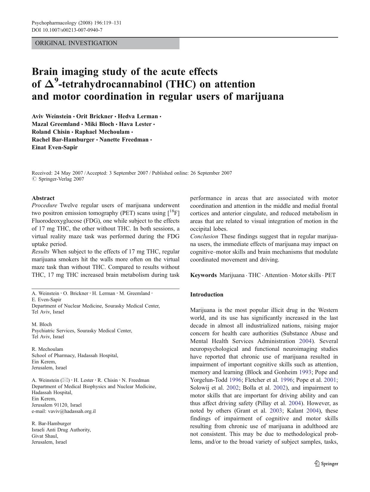 Brain imaging study of the acute effects of THC on attention and motor coordination in regular users of marijuana by Unknown