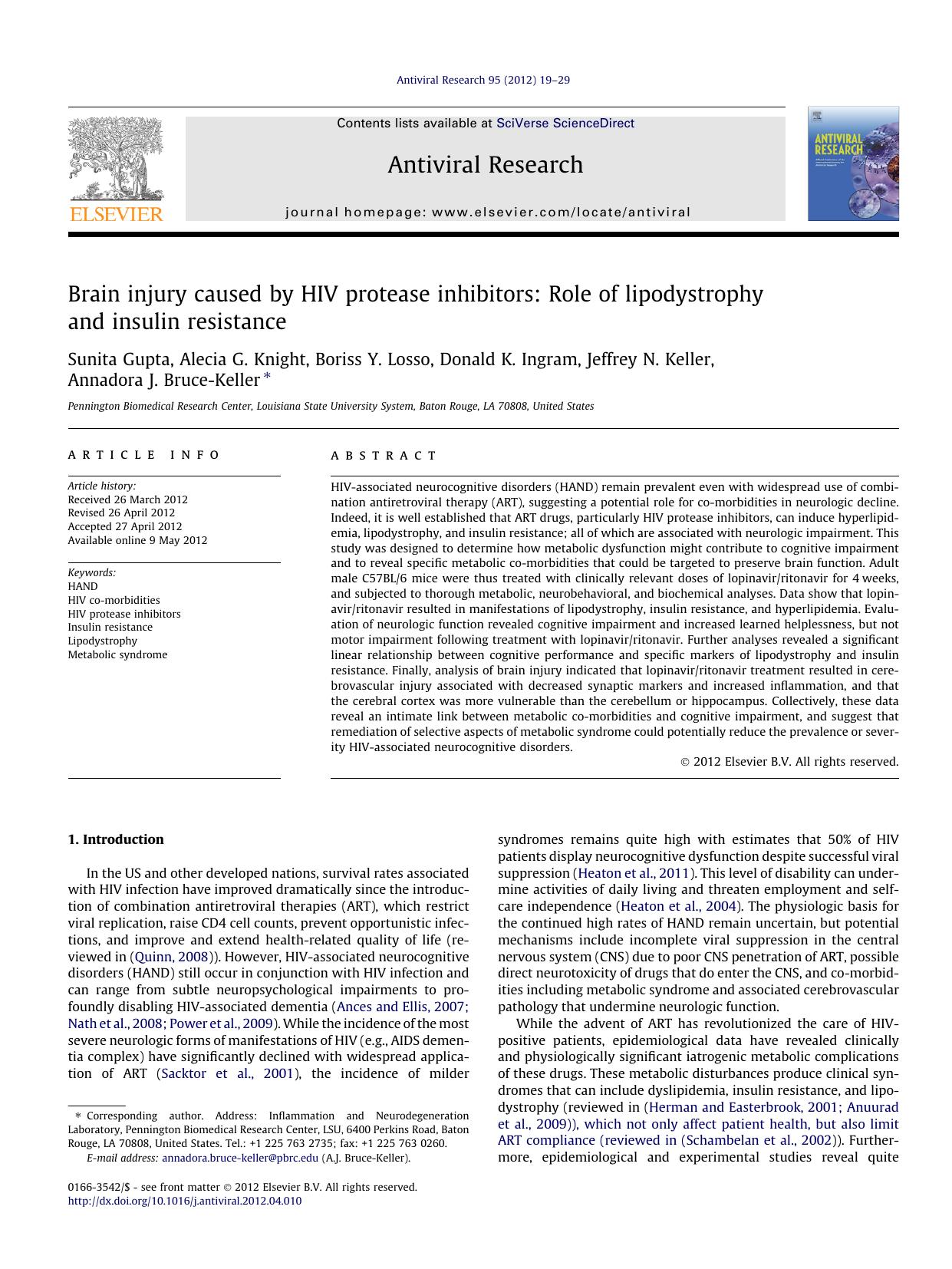 Brain injury caused by HIV protease inhibitors: Role of lipodystrophy and insulin resistance by unknow