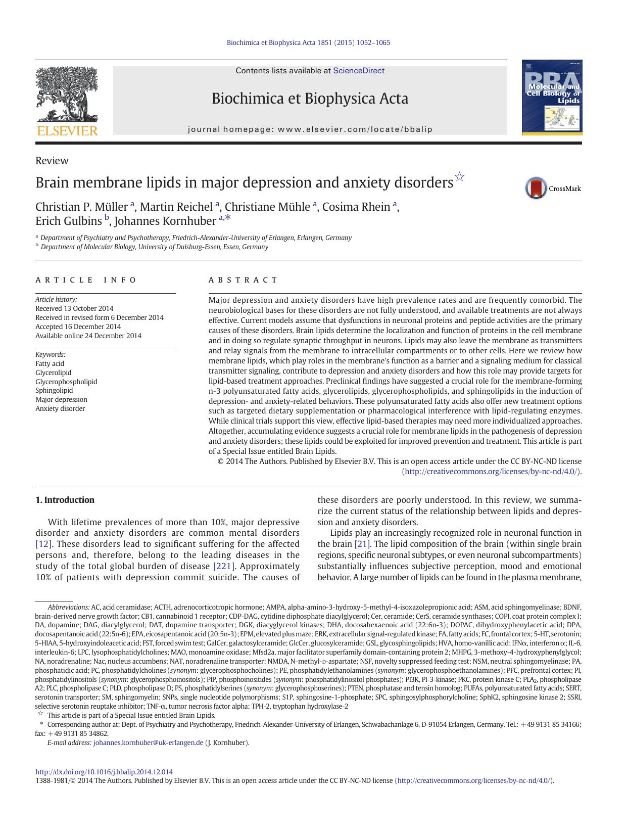 Brain membrane lipids in major depression and anxiety disorders by unknow