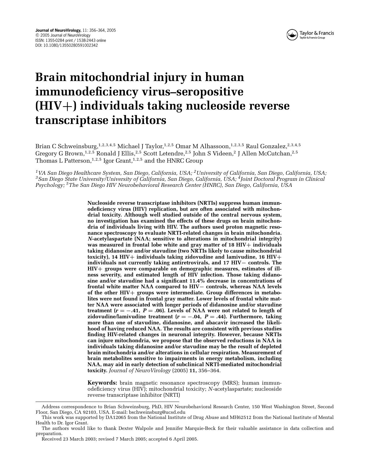 Brain mitochondrial injury in human immunodeficiency virus-seropositive (HIV+) individuals taking nucleoside reverse transcriptase inhibitors by Unknown