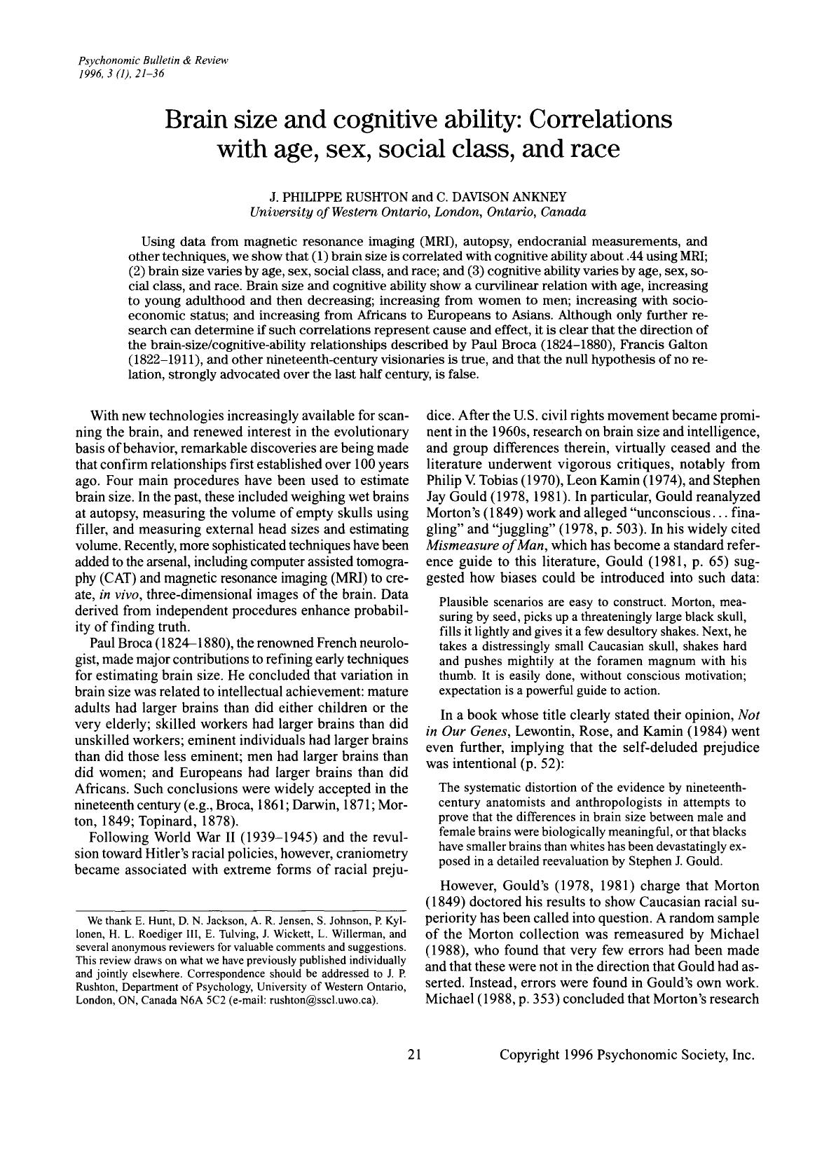 Brain size and cognitive ability: Correlations with age, sex, social class, and race by Correlations & Age Sex Social Class & Race (1996) by John Philippe Rushton & C. Davison Ankney