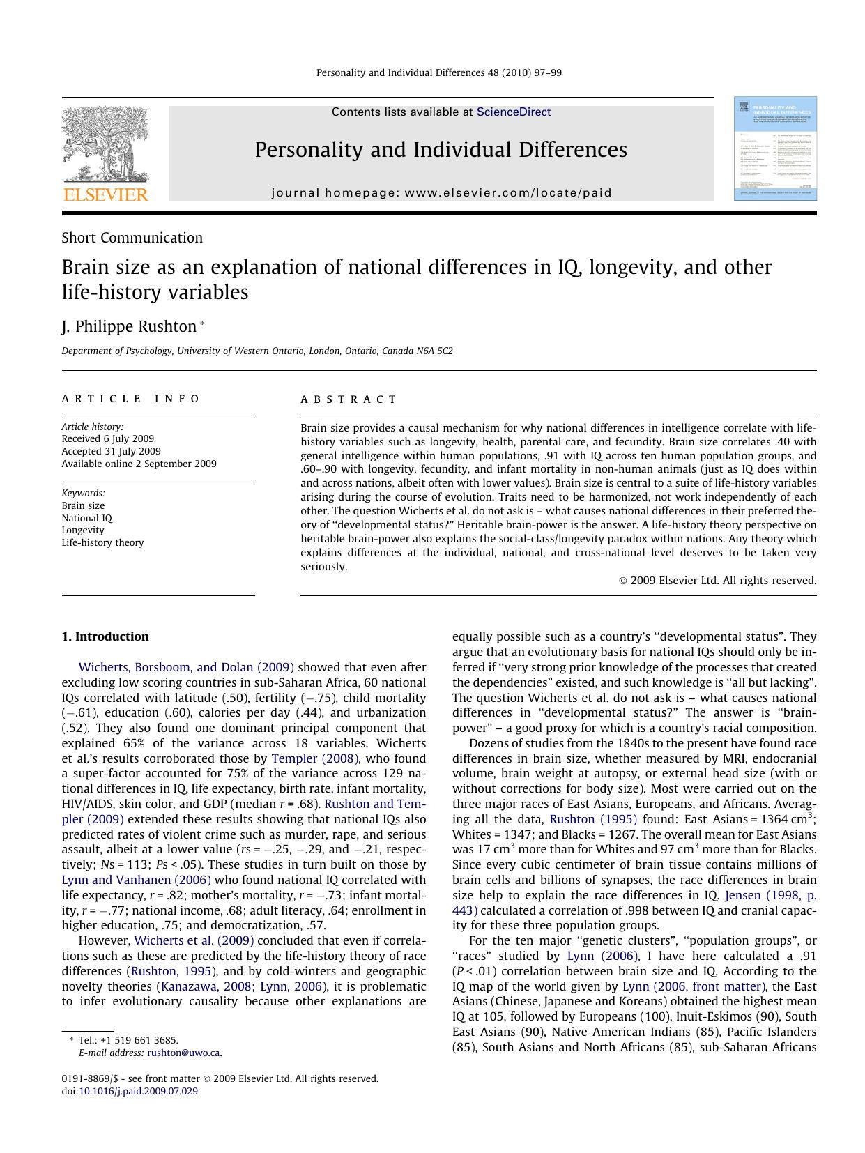 Brain size as an explanation of national differences in IQ, longevity, and other life-history variables by J. Philippe Rushton