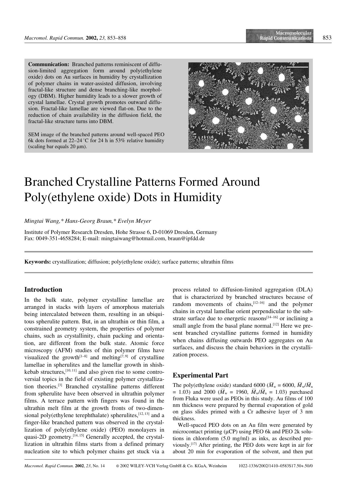 Branched Crystalline Patterns Formed Around Poly(ethylene oxide) Dots in Humidity by Unknown
