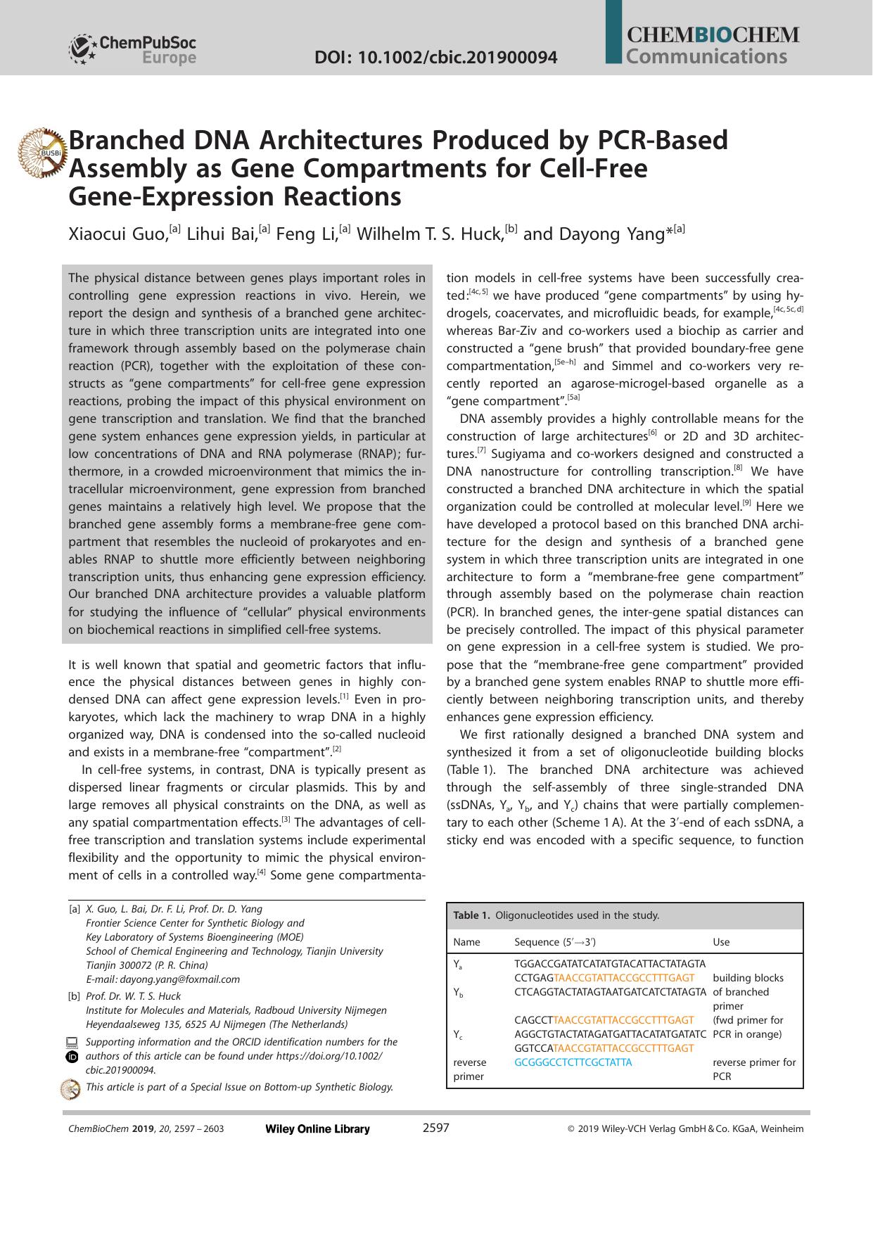 Branched DNA Architectures Produced by PCRâBased Assembly as Gene Compartments for CellâFree GeneâExpression Reactions by Unknown
