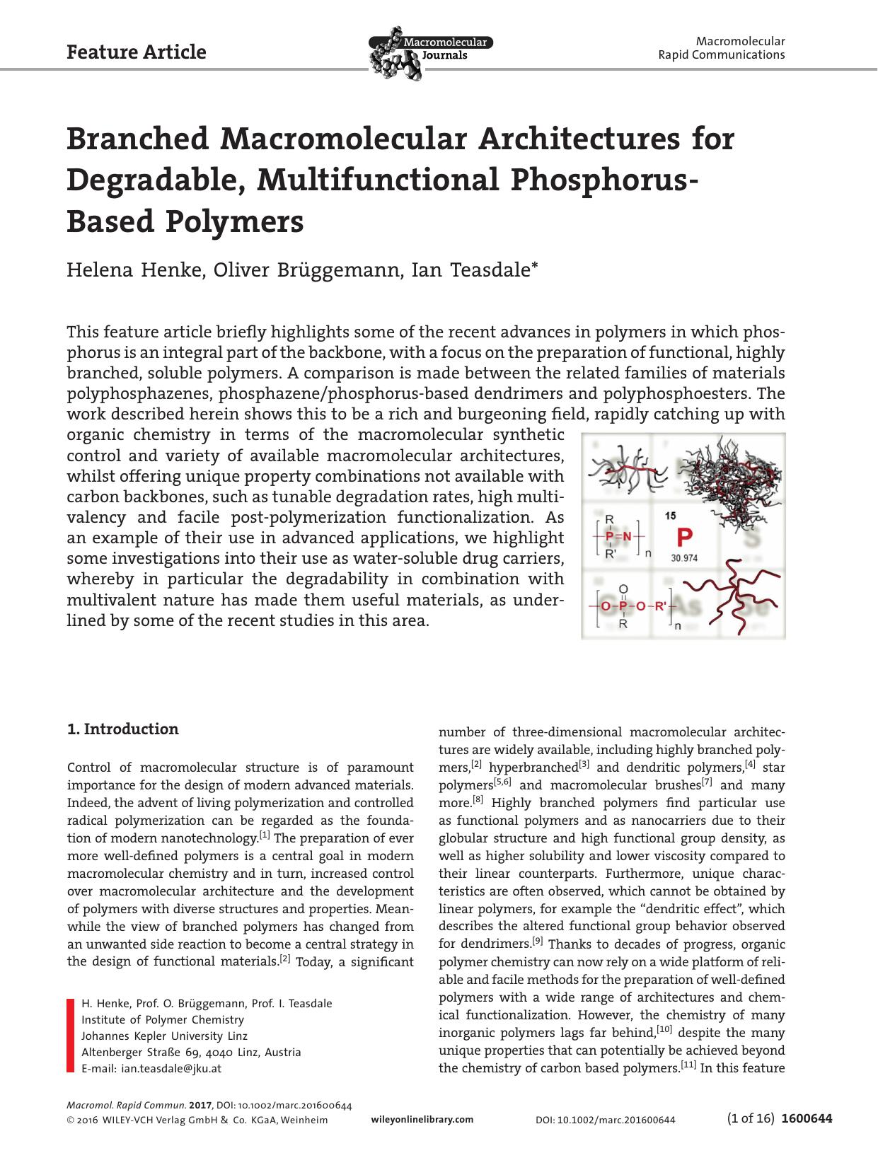 Branched Macromolecular Architectures for Degradable, Multifunctional Phosphorus‐Based Polymers by Unknown