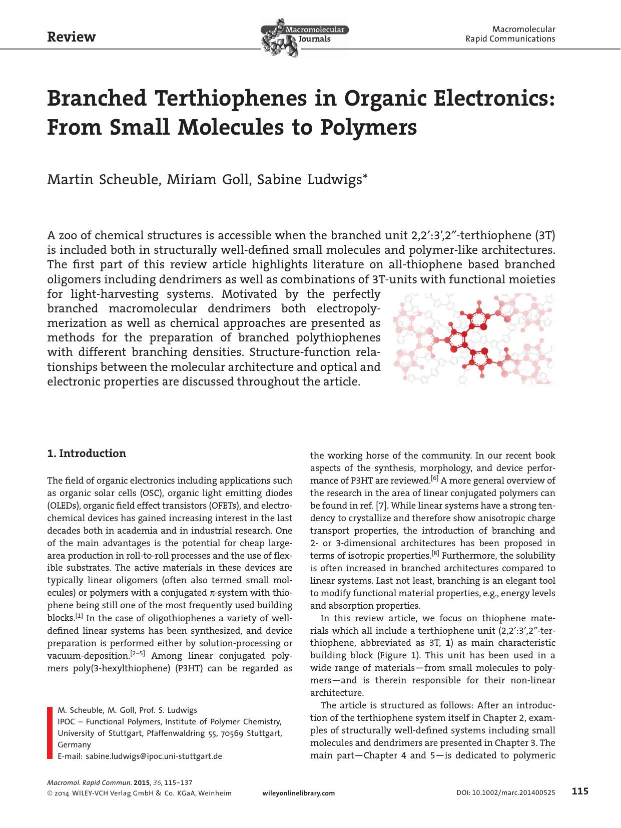 Branched Terthiophenes in Organic Electronics: From Small Molecules to Polymers by Unknown
