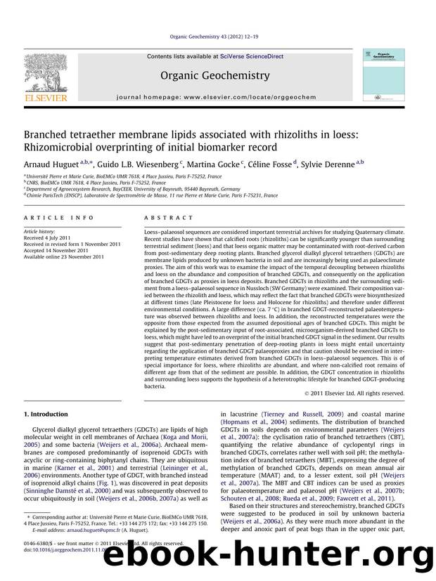 Branched tetraether membrane lipids associated with rhizoliths in loess: Rhizomicrobial overprinting of initial biomarker record by Arnaud Huguet & Guido L.B. Wiesenberg & Martina Gocke & Céline Fosse & Sylvie Derenne