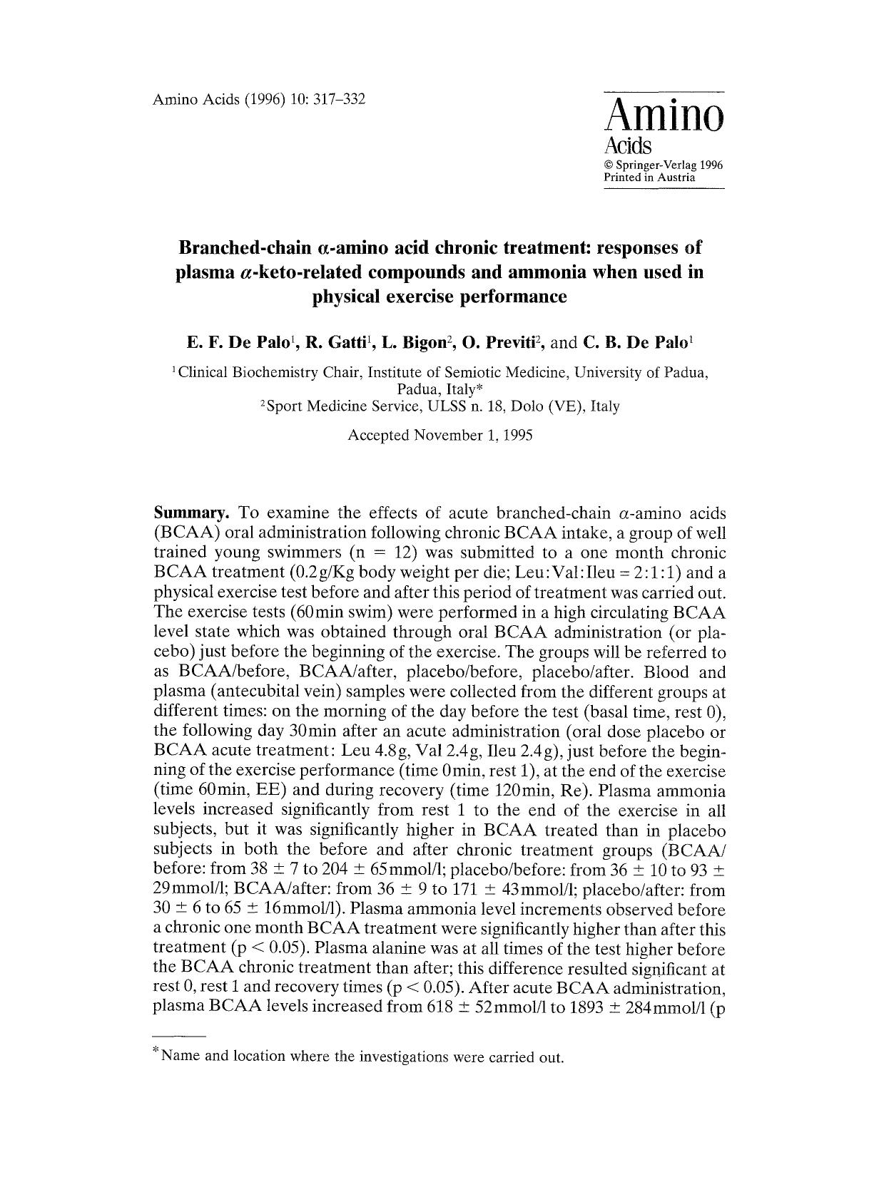 Branched-chain <Emphasis Type="Italic">Î± <Emphasis>-amino acid chronic treatment: responses of plasma <Emphasis Type="Italic">Î± <Emphasis>-keto-related compounds and ammonia when by Unknown