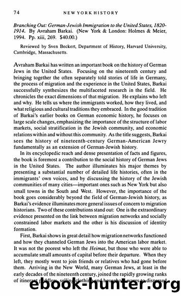 Branching Out: German-Jewish Immigration to the United States, 1820â1914 by Avraham Barkai by Branching Out