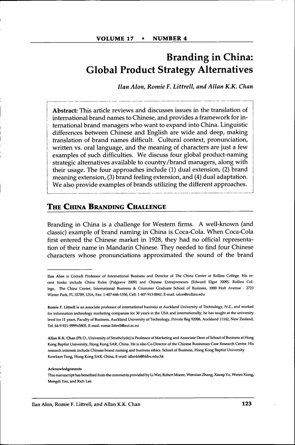 Branding in China: Global Product Strategy Altematives by Alon I. Littrell R. Chan A
