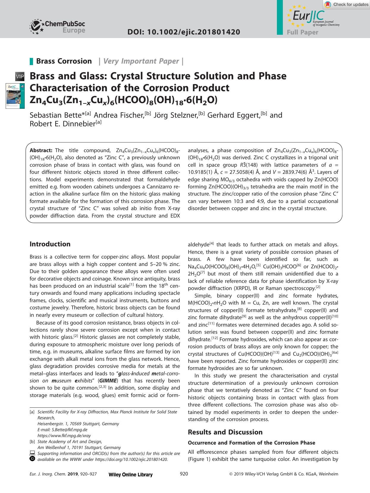 Brass and Glass: Crystal Structure Solution and Phase Characterisation of the Corrosion Product Zn4Cu3(Zn1âxCux)6(HCOO)8(OH)18Â·6(H2O) by Unknown