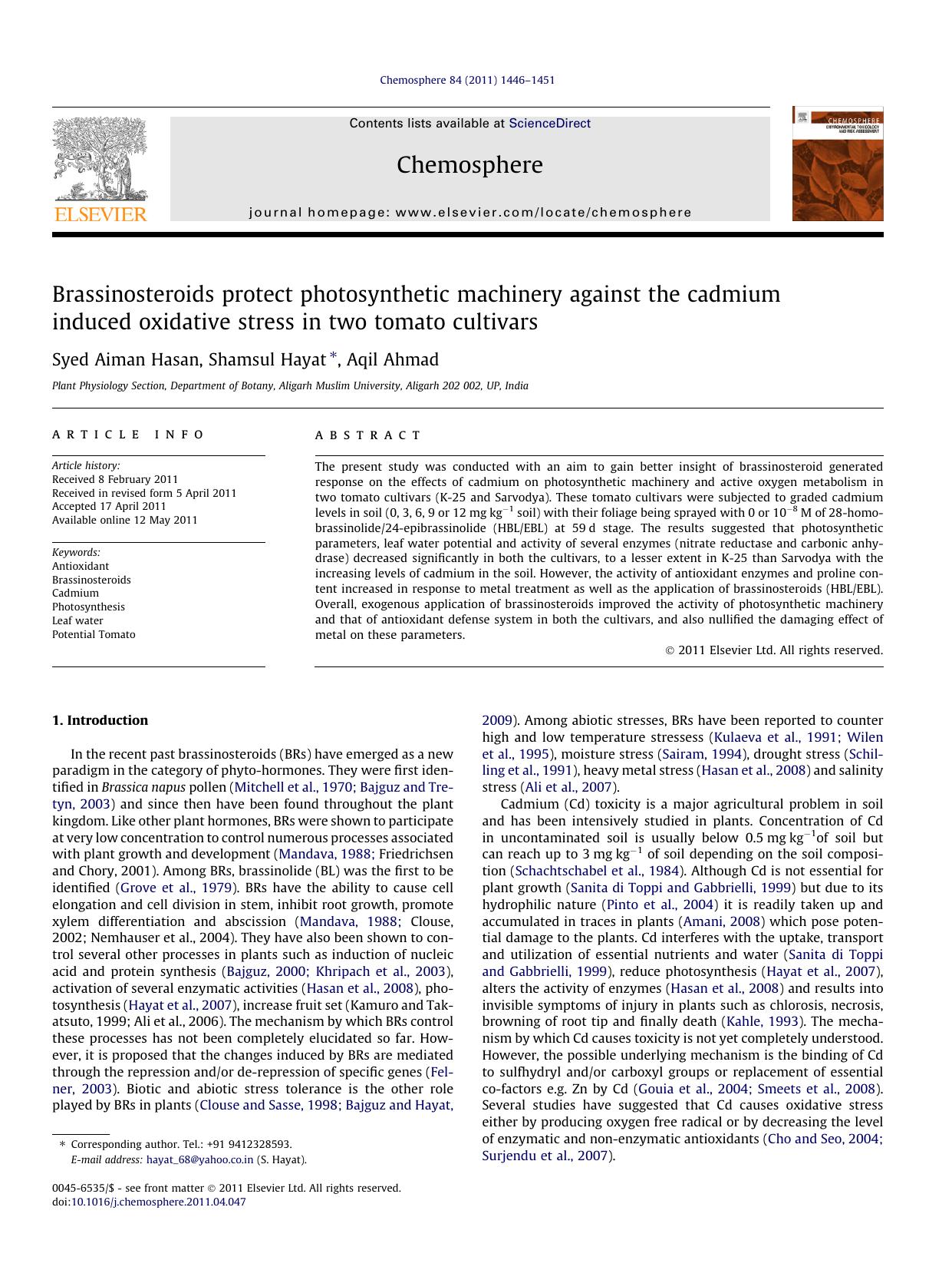 Brassinosteroids protect photosynthetic machinery against the cadmium induced oxidative stress in two tomato cultivars by Syed Aiman Hasan & Shamsul Hayat & Aqil Ahmad