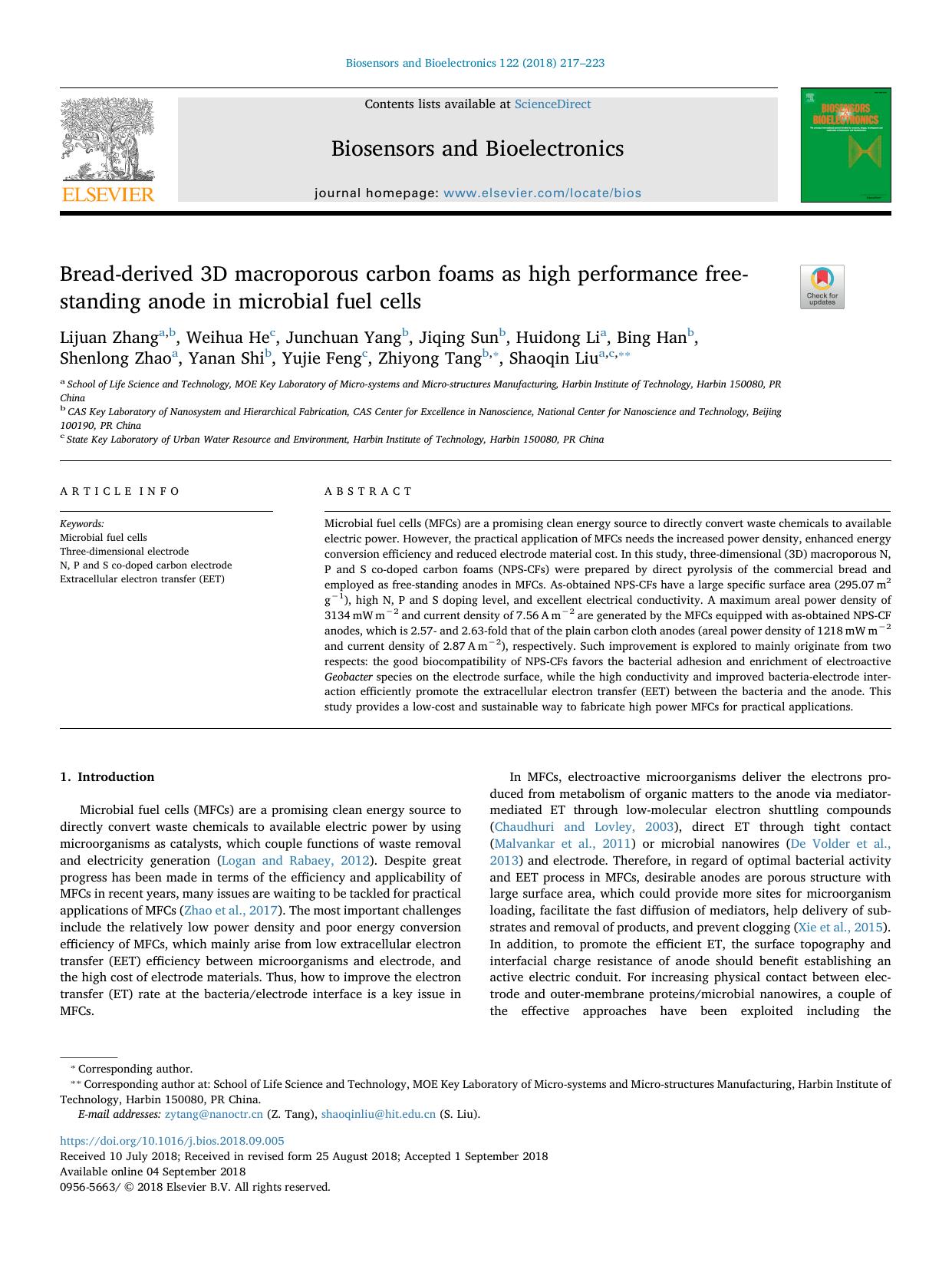 Bread-derived 3D macroporous carbon foams as high performance free-standing anode in microbial fuel cells by unknow