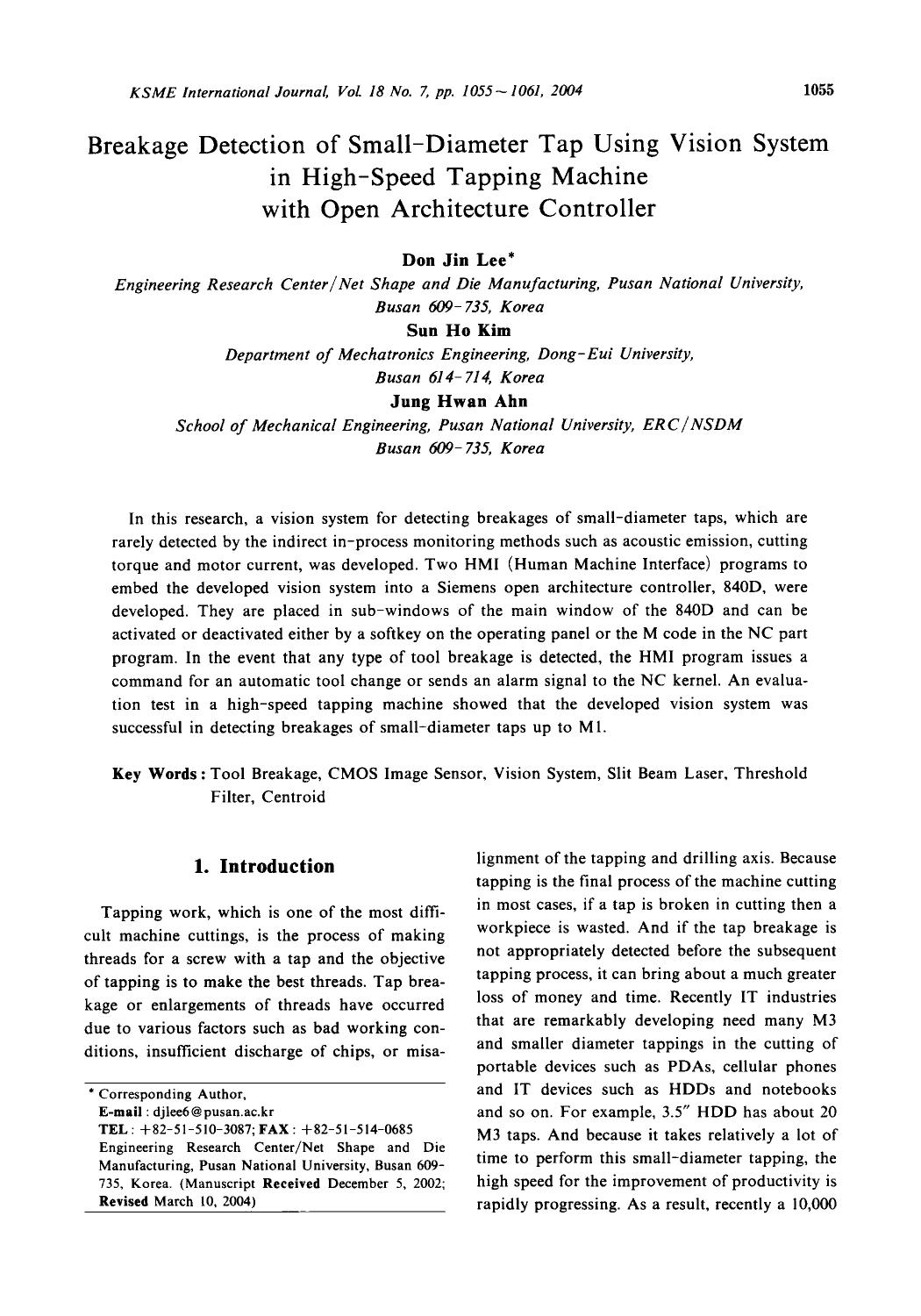 Breakage detection of small-diameter tap using vision system in high-speed tapping machine with open architecture controller by Unknown