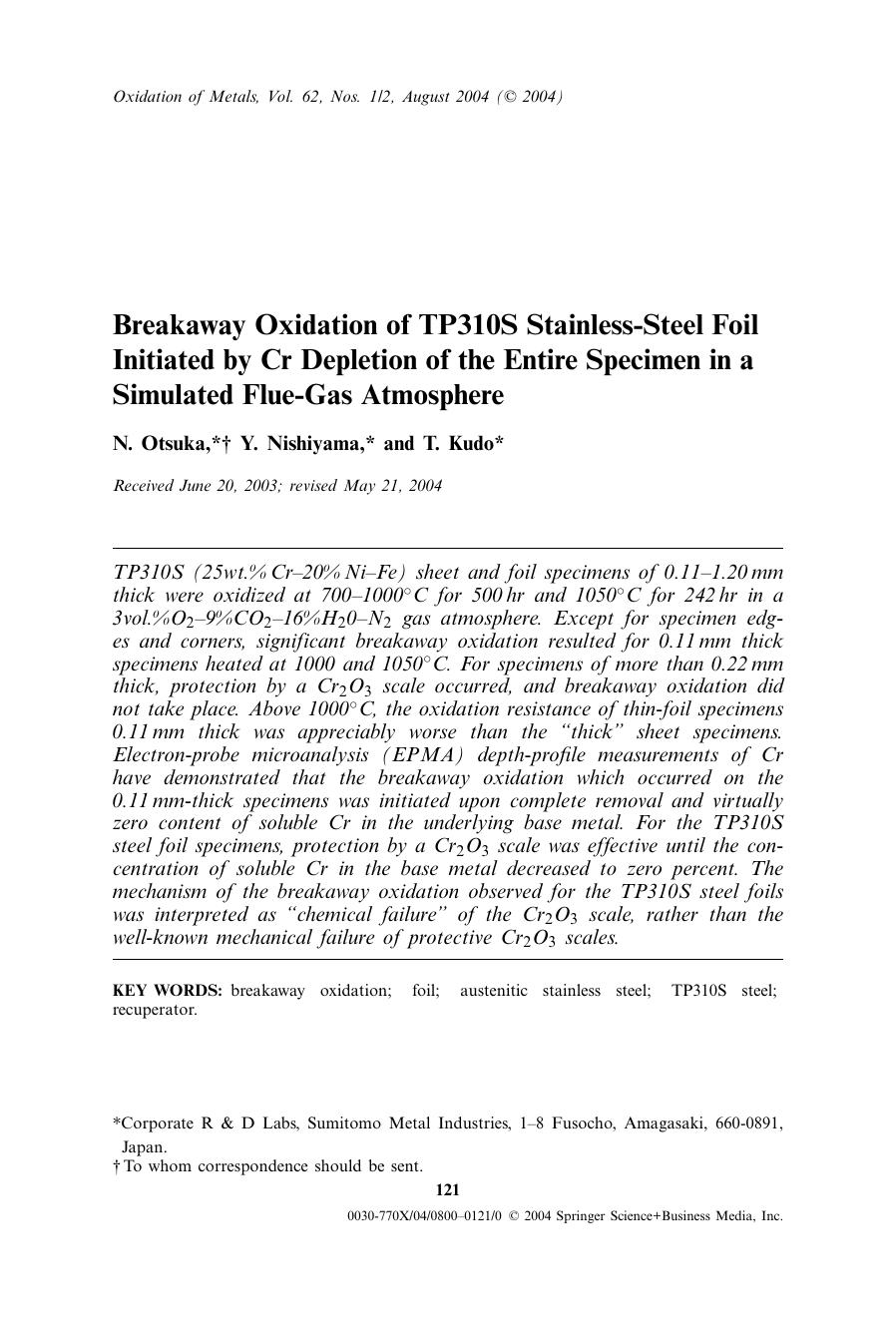 Breakaway Oxidation of TP310S Stainless-Steel Foil Initiated by Cr Depletion of the Entire Specimen in a Simulated Flue-Gas Atmosphere by Unknown