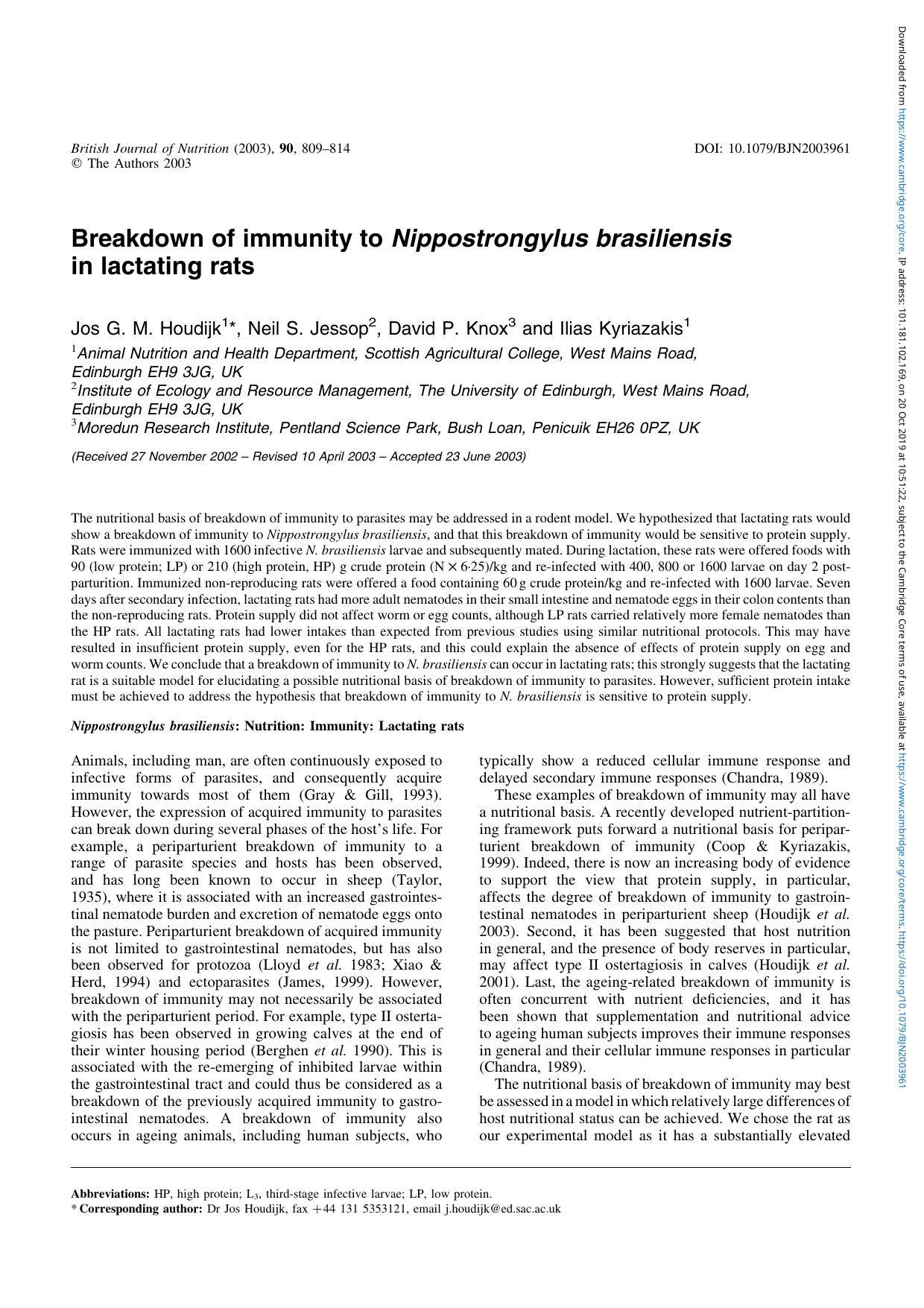 Breakdown of immunity to Nippostrongylus brasiliensis in lactating rats by Jos G. M. Houdijk Neil S. Jessop David P. Knox Ilias Kyriazakis