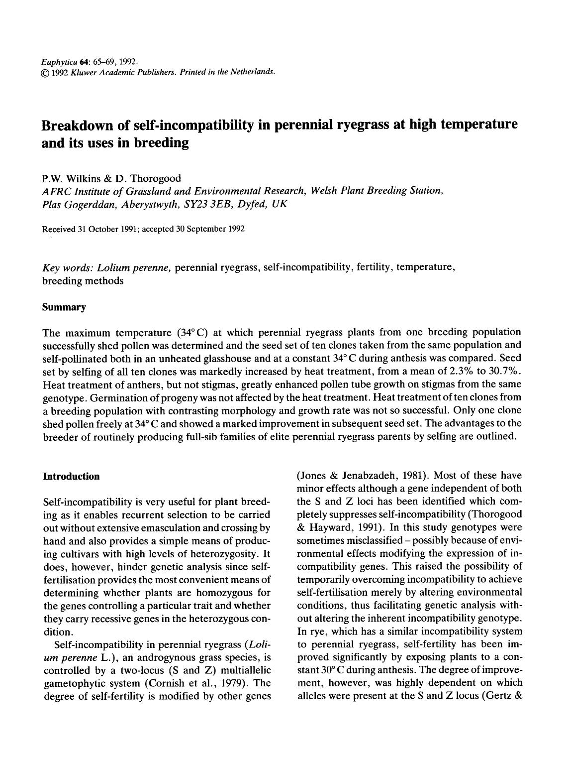 Breakdown of self-incompatibility in perennial ryegrass at high temperature and its uses in breeding by Unknown