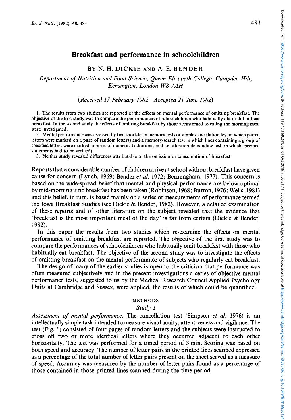Breakfast and performance in schoolchildren by N. H. Dickie A. E. Bender