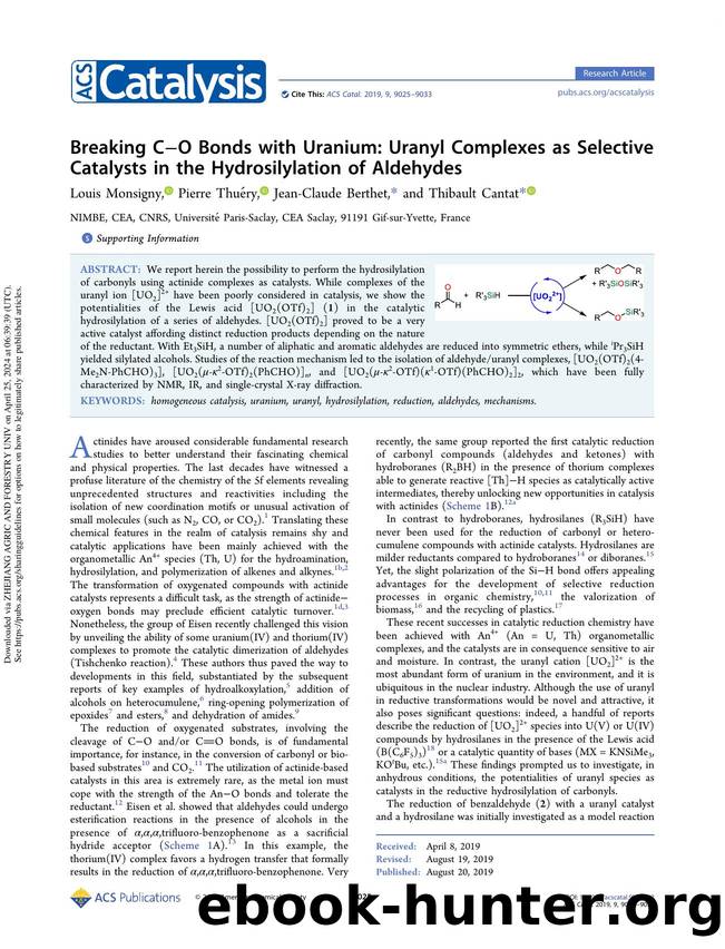 Breaking CâO Bonds with Uranium: Uranyl Complexes as Selective Catalysts in the Hydrosilylation of Aldehydes by Louis Monsigny Pierre Thuéry Jean-Claude Berthet & Thibault Cantat