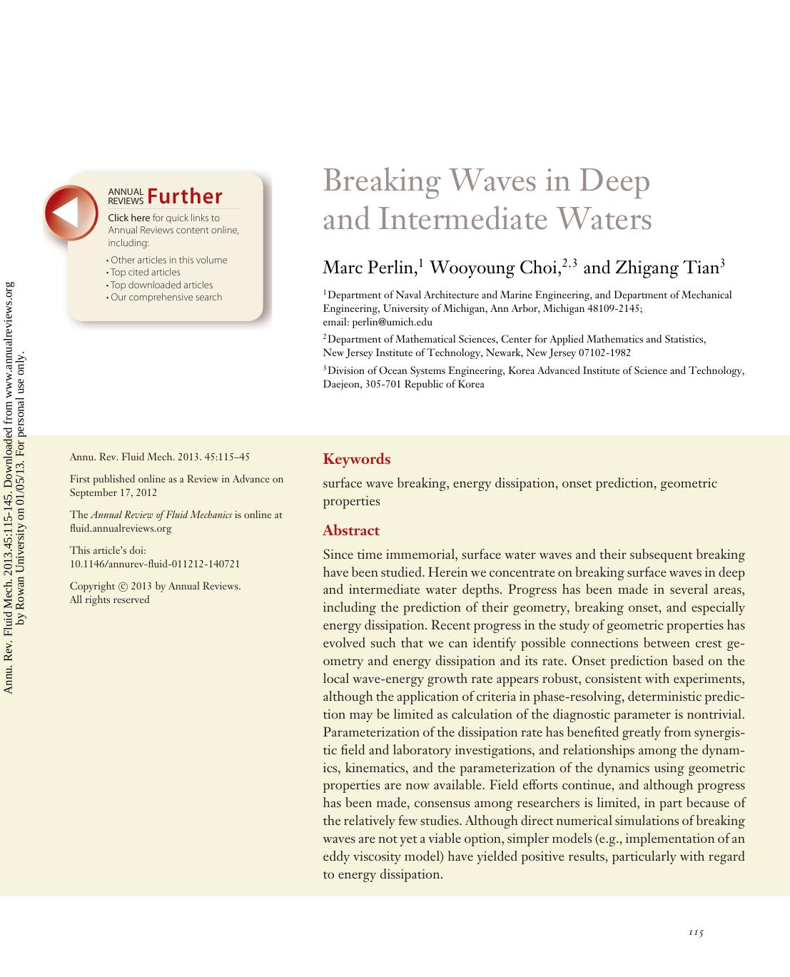 Breaking Waves in Deep and Intermediate Waters by Marc Perlin Wooyoung Choi & Zhigang Tian