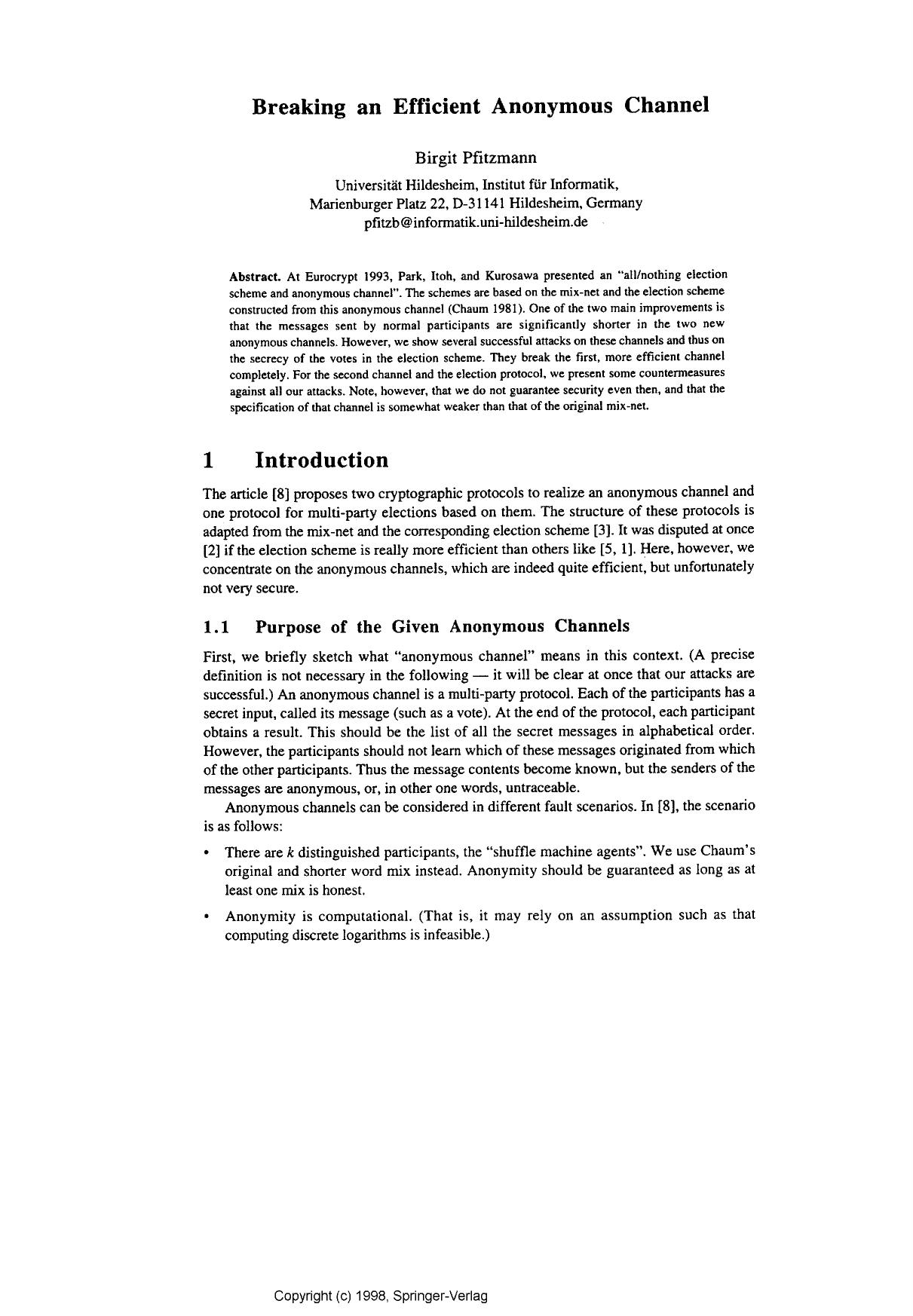 Breaking an efficient anonymous channel by Pfitzmann B