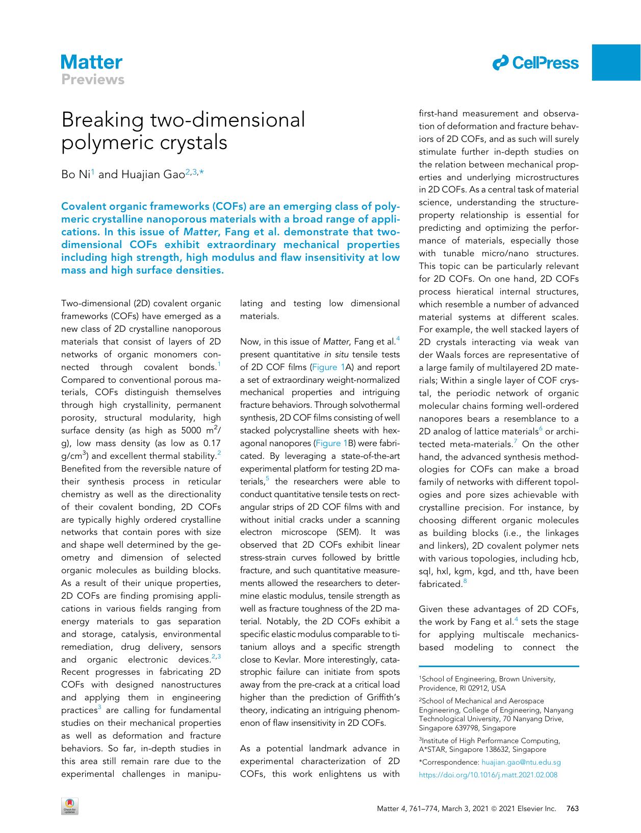 Breaking two-dimensional polymeric crystals by Bo Ni & Huajian Gao
