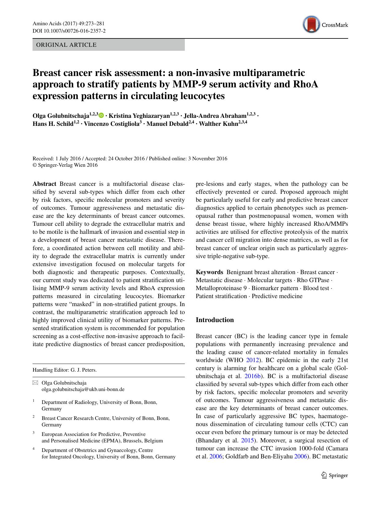 Breast cancer risk assessment: a non-invasive multiparametric approach to stratify patients by MMP-9 serum activity and RhoA expression patterns in circulating leucocytes by unknow