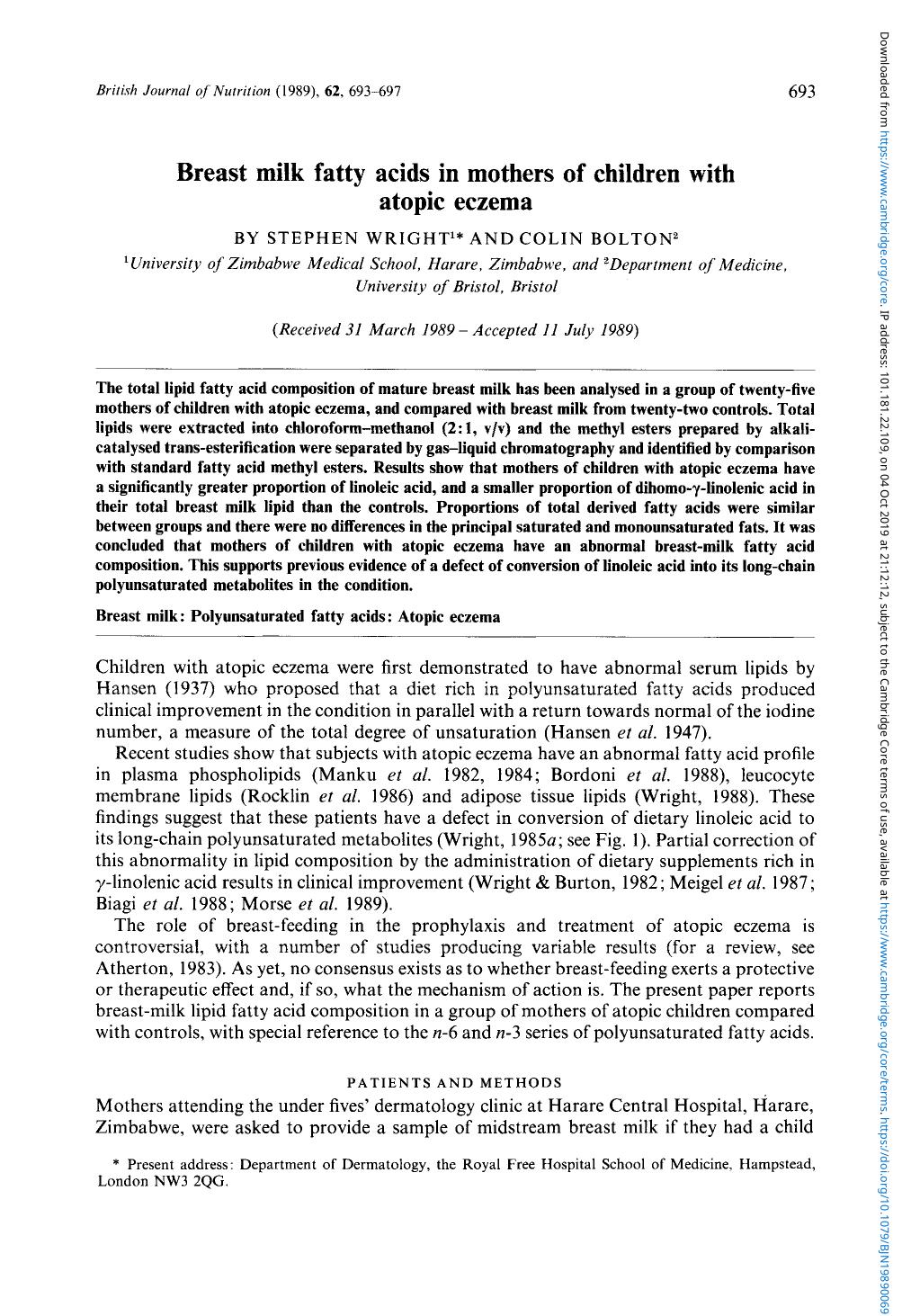 Breast milk fatty acids in mothers of children with atopic eczema by Stephen Wright & Colin Bolton