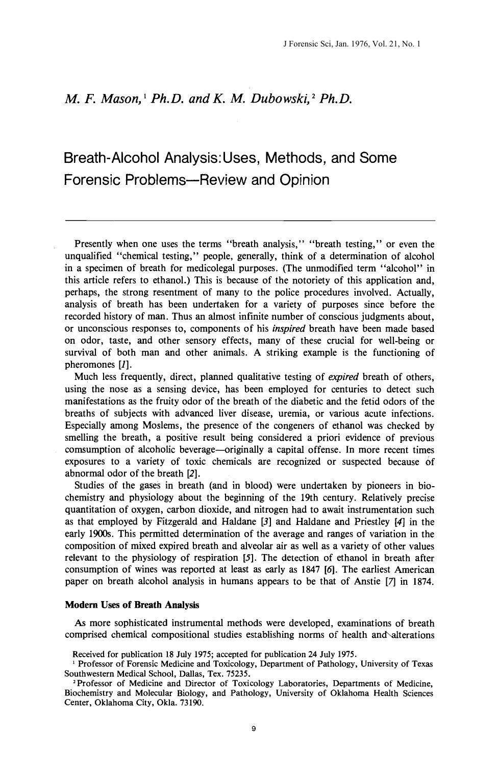 Breath-Alcohol Analysis: Uses, Methods, and Some Forensic ProblemsÂReview and Opinion by Mason MF Dubowski KM