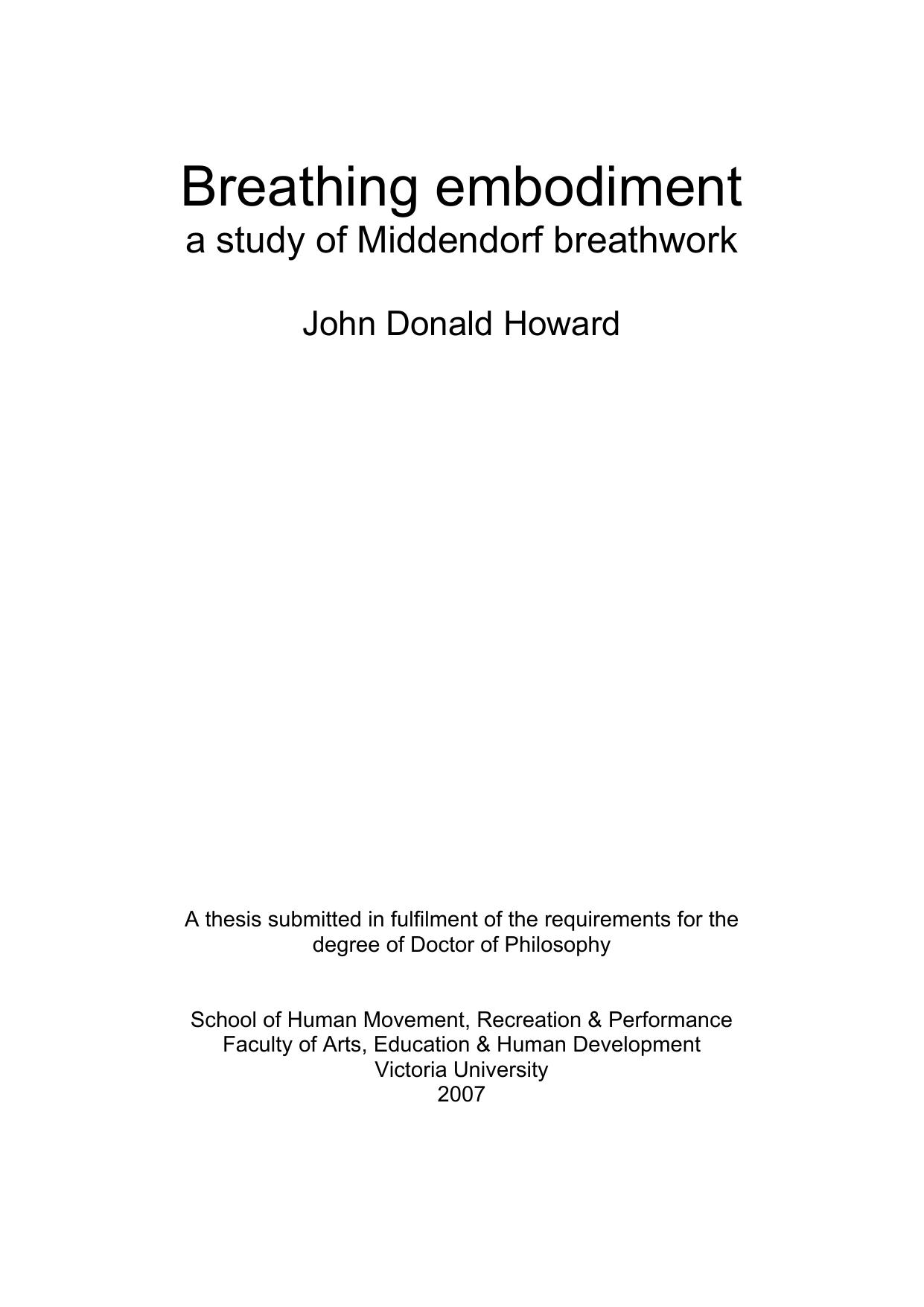Breathing embodiment: a study of Middendorf breathwork by John Donald Howard