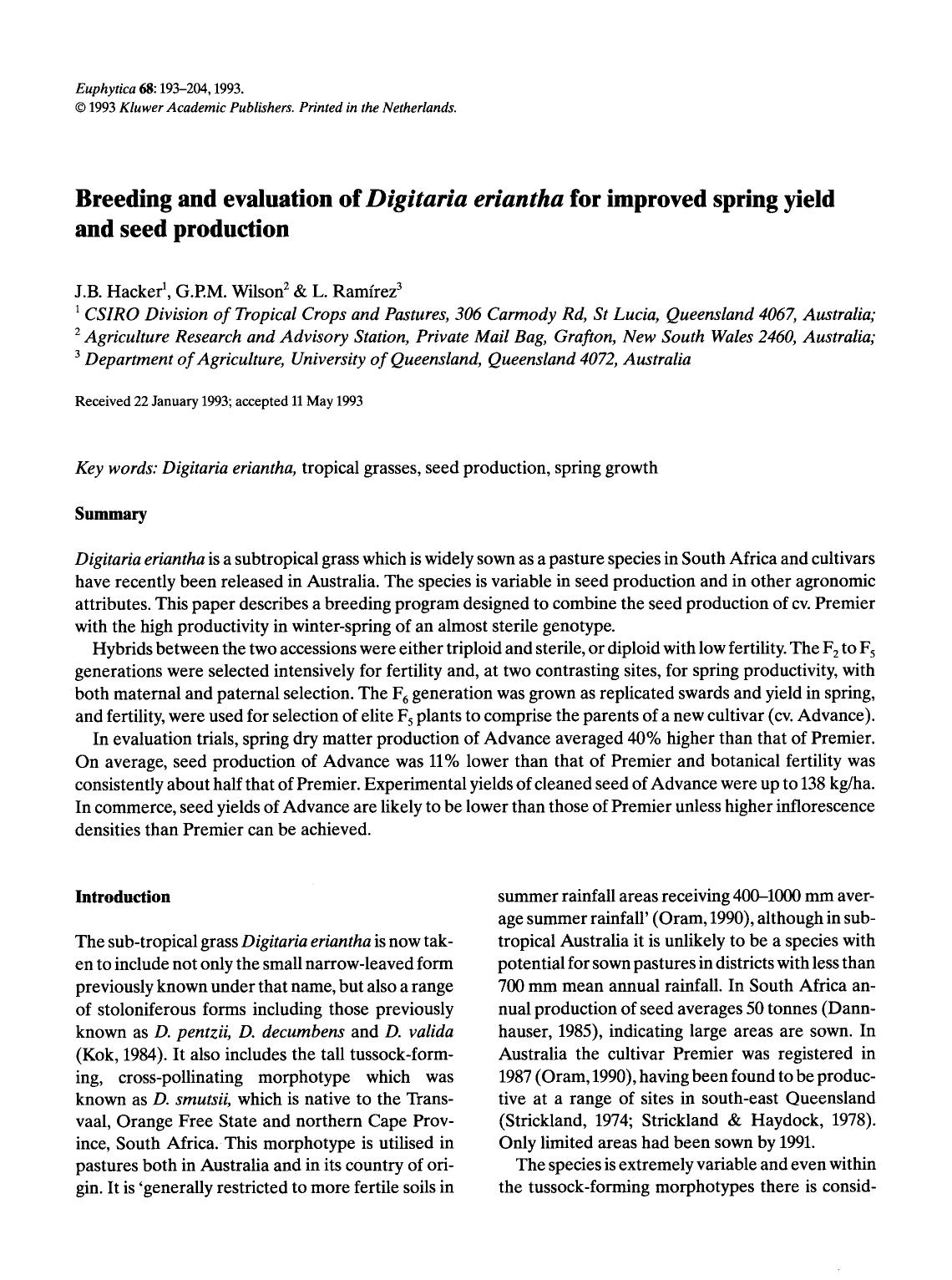 Breeding and evaluation of <Emphasis Type="Italic">Digitaria eriantha <Emphasis> for improved spring yield and seed production by Unknown