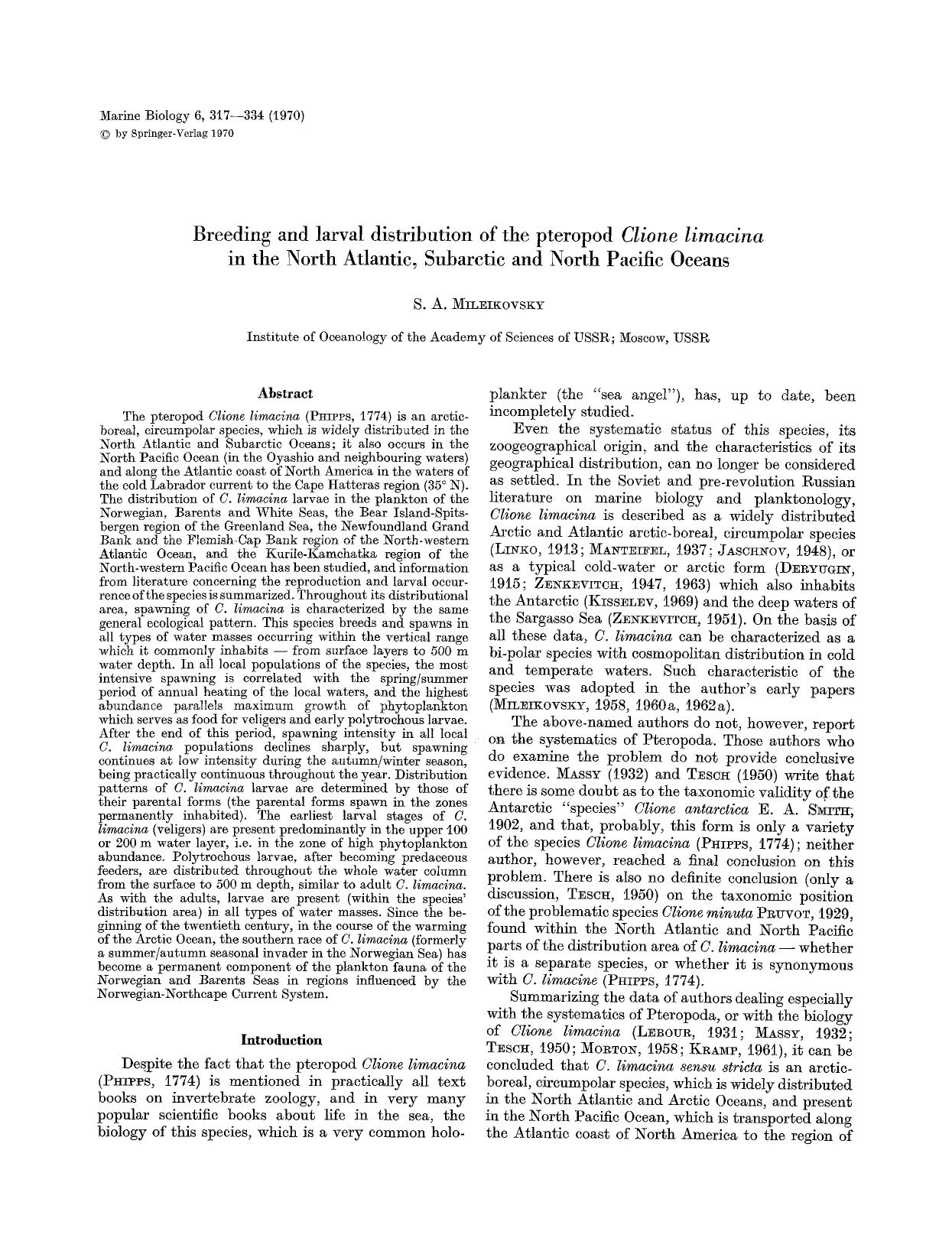 Breeding and larval distribution of the pteropod <Emphasis Type="Italic">Clione limacina<Emphasis> in the North Atlantic, Subarctic and North Pacific Oceans by Unknown